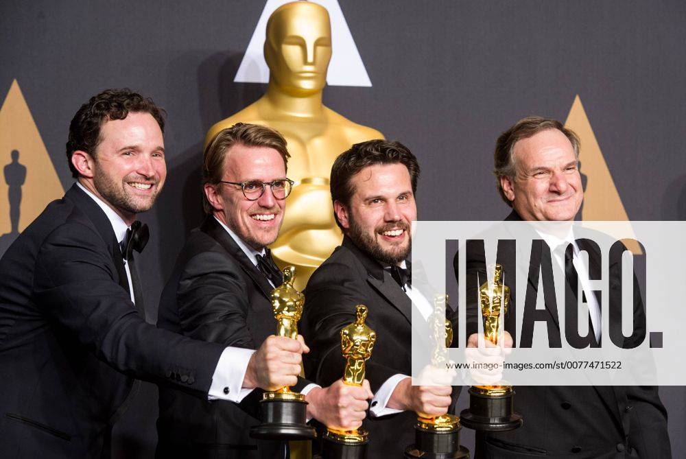 Visual effects artists Dan Lemmon, Andrew R. Jones, Adam Valdez and Robert Legato pose after winning the Best Visual Effects award for The Jungle Book at press room of the 89th Academy Awards at the Dolby Theater in Los Angeles, the United States, on Feb. 26, 2017. )(zf) U.S.-LOS ANGELES-OSCAR-AWARD YangxLei