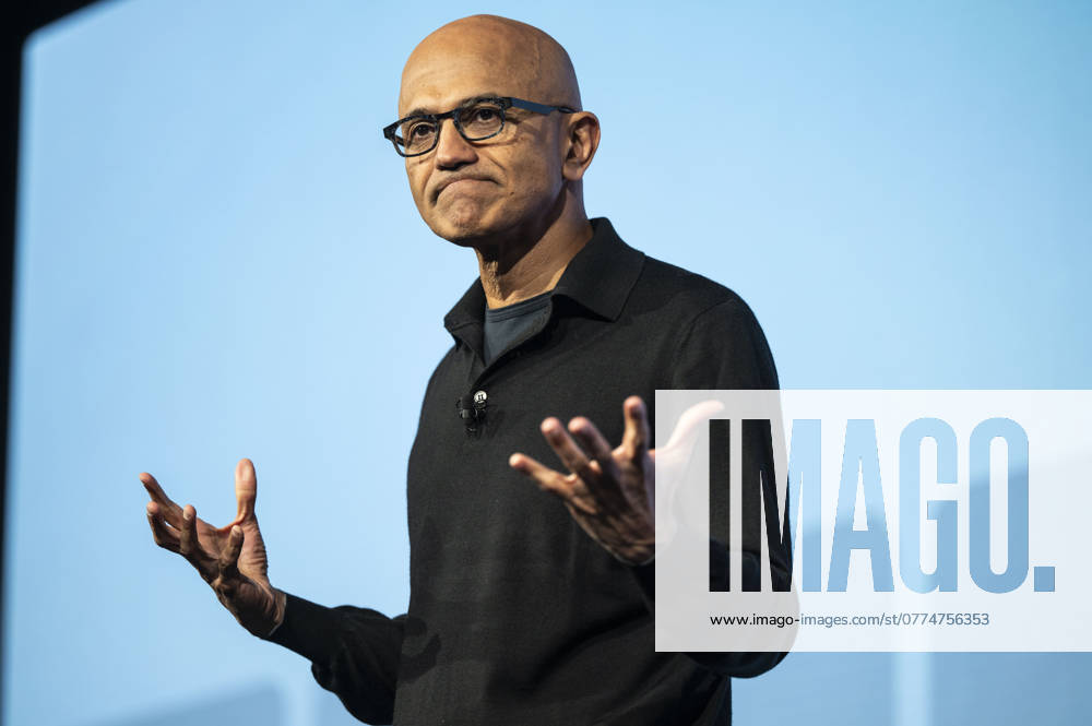Microsoft AI Tour held at the London Hilton Microsoft AI Tour held at the London Hilton on Park Lane. Picture: Keynote speaker and Microsoft CEO Satya Nadella. 21.10.2024