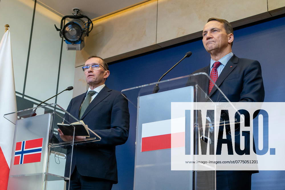 Press conference of Radoslaw Sikorski and Espen Barth Eide in Warsaw - 23 Oct 2024 Espen Barth Eide (L) and Poland s Minister of Foreign Affairs - Radoslaw Sikorski (R) speak during a press conference. Press conference of the Minister of Foreign Affairs of Poland Radoslaw Sikorski and Minister of Foreign Affairs of Norway Espen Barth Eide. During a press conference, the ministers discussed support for Ukraine, including military and economic assistance and reconstruction plans. Security issues were also discussed, such as sanctions against Russia and Belarus, hybrid threats, disinformation and defense cooperation within The North Atlantic Treaty Organization (NATO). Warsaw Poland