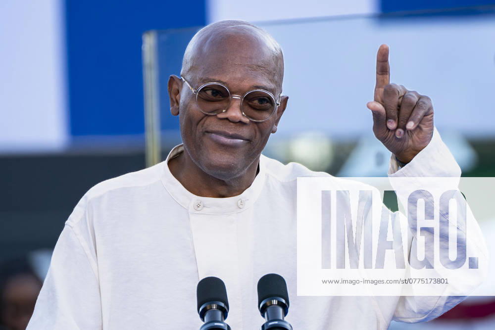 Actor Samuel L. Jackson speaks during a campaign rally with Vice President Kamala Harris and Former president Barack Obama at the James R Hallford Stadium in Clarkston, Georgia on Thursday, October 24, 2024. CLA20241024335 BONNIExCASH