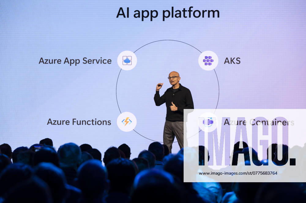 Microsoft AI Tour held at the London Hilton Microsoft AI Tour held at the London Hilton on Park Lane. Picture: Keynote speaker and Microsoft CEO Satya Nadella. 21.10.2024