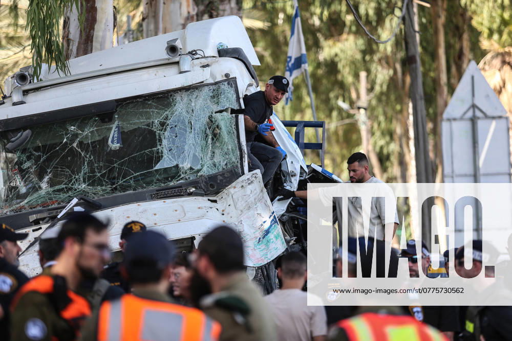At Least 35 Injured In Truck Ramming In Central Israel Medical and security teams respond to the scene where a truck crashed into a bus stop south of Tel Aviv, Israel, on October 27, 2024. The incident left at least 35 people injured, with local media reporting that six individuals are in serious condition. The chaotic aftermath shows responders attending to dozens of people impacted by the crash. TEL AVIV Israel