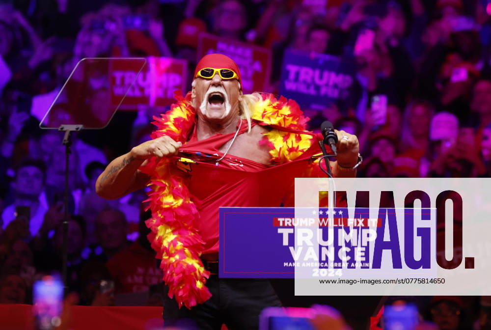 KW43 American retired professional wrestler Hulk Hogan arrives to speak before President Donald J. Trump speaks at a rally at Madison Square Garden in New York City on Sunday, October 27, 2024. NYP20241027124 JohnxAngelillo