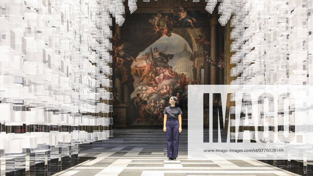 Duo by Melek Zeynep Bulut photocall with the artist at the Painted Hall, Old Royal Naval College Greenwich, London, UK London, UK. 28th Oct 2024. The artist with the installation. Turkish designer Melek Zeynep Buluts suspended installation Duo explores the concepts of duality and interaction. It brings the successful London Design Festival (LDF) to a close from Monday 28th October to Sunday 3rd November., Credit:IMAGEPLOTTER Avalon
