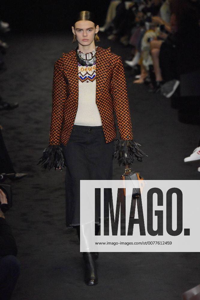 A model presents a creation of Loewe during the Women s Ready-to-Wear Fall Winter 2017 2018 fashion week in Paris, France, on March 3, 2017. ) (yy) FRANCE-PARIS-FASHION WEEK-LOEWE PieroxBiasion