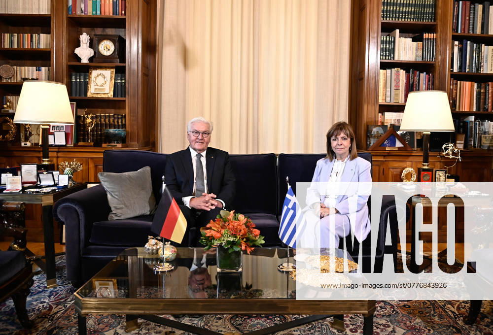 President of Greece Katerina Sakellaropoulou (R) welcomes the President of Germany Frank-Walter Steinmeier (L) at the Presidential Palace, Athens, Greece, 30 October 2024.. The German president is on an official three-day visit to Greece from 29 to 31 October 2024. IMAGO ONE INCH PRODUCTIONS ATHENS Greece