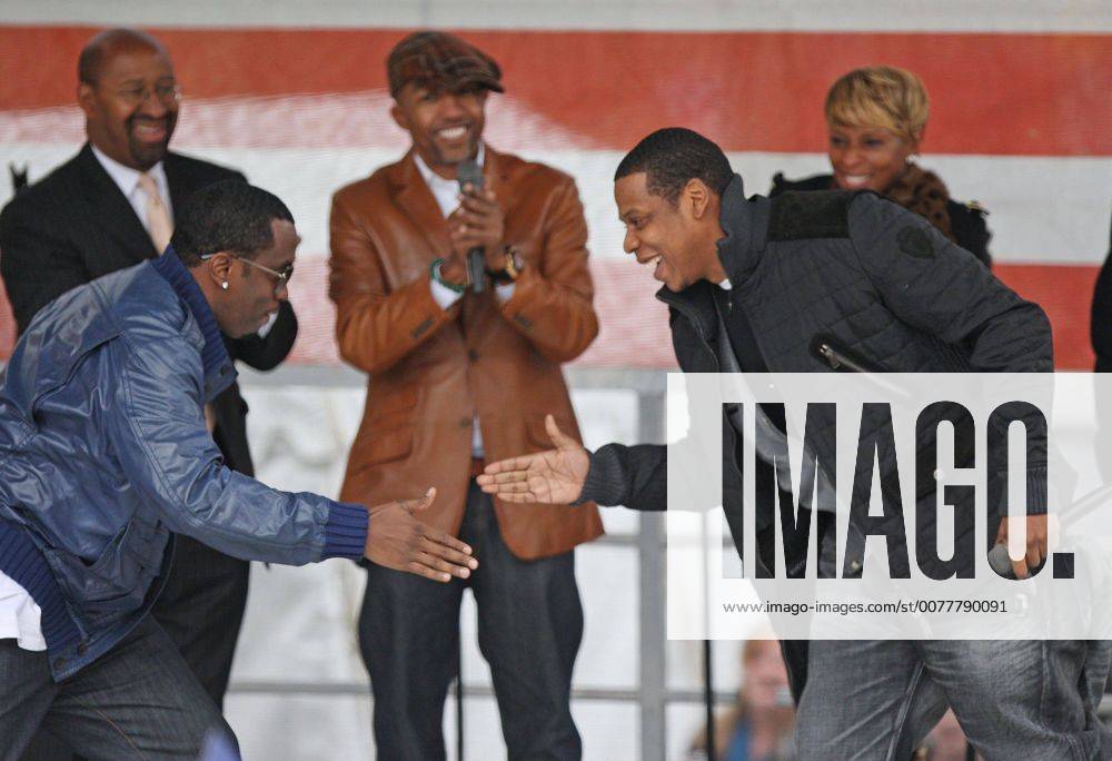 Nov. 3, 2008 - Sean Diddy Combs, left, and Jay Z slap hands together when Jay Z takes the stage for his appearance at the Get Out The Vote rally, Monday, November 3, 2008, in Philadelphia, Pennsylvania. ( Philadelphia Inquirer MCT) - ZUMAm67_ 20081103_baf_m67_088