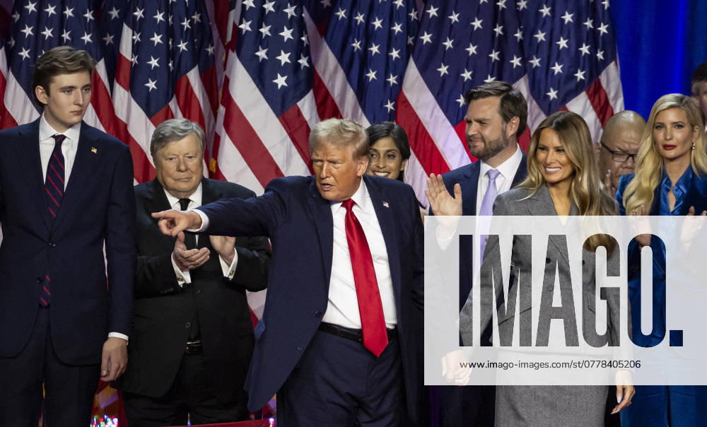 Trump Delivers Victory Speech - West Palm Beach NO FILM, NO VIDEO, NO TV, NO DOCUMENTARY - Republican presidential nominee former President Donald Trump, flanked by his son Baron Trump, JD Vance and his wife Melania Trump, points to the crowd after speaking during his election night party flanked by family and friends at the Palm Beach County Convention Center on Tuesday, November 6, 2024, in West Palm Beach, FL, USA. Photo by Matias J. Ocner Miami Herald TNS ABACAPRESS.COM West Palm Beach FL United States