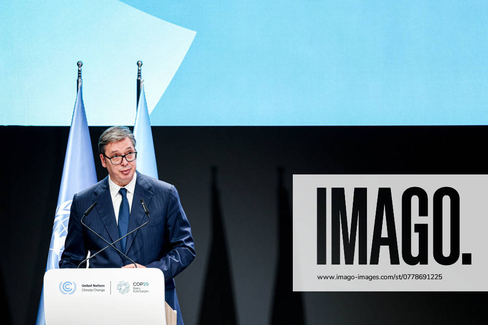 ALEKSANDAR VUCIC, President of Serbia, speaks at The World Leaders Climate Action Summit of COP29...The COP is the largest gathering of High Level officials in the world that focuses on climate change. This year is labeled as Finance COP in which financial resolutions are at the top of the list of a lengthy agenda of listed concerns. Baku Azerbaijan - ZUMAo116 20241112_znp_o116_096