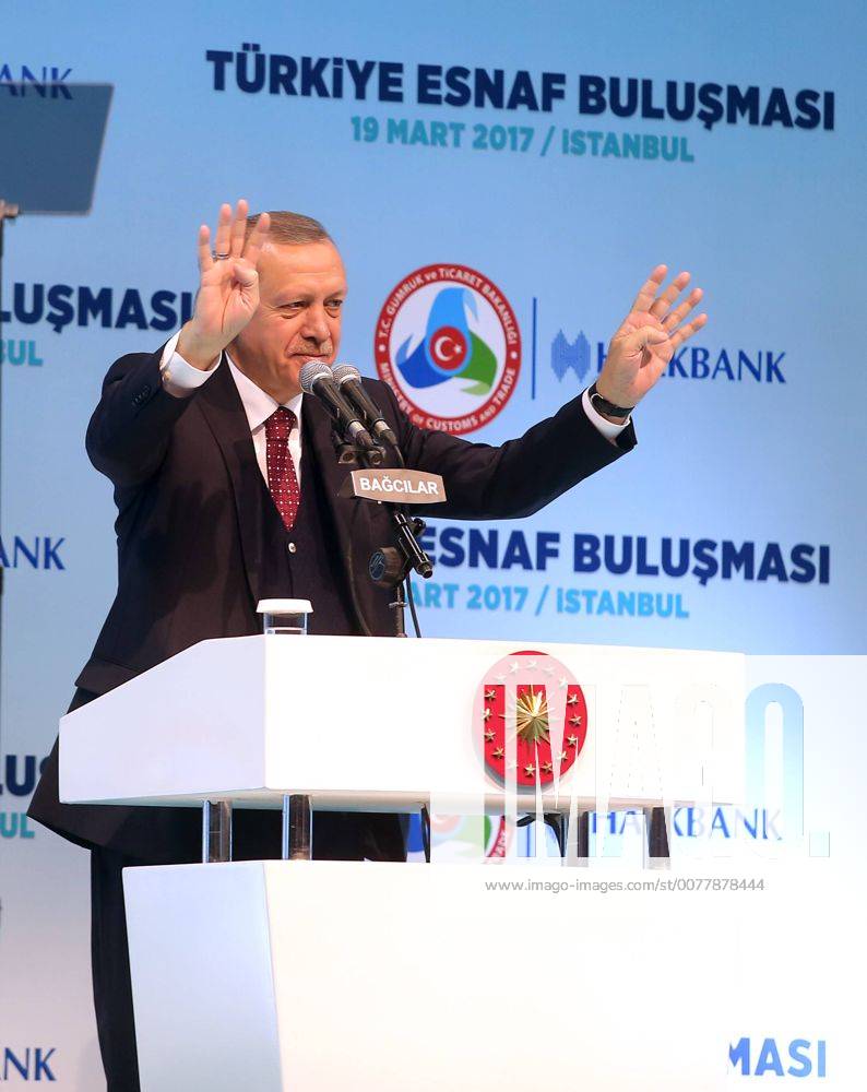 Turkish President Recep Tayyip Erdogan meets with the members of Chamber of Merchants and Craftsmen at Bagcilar city of Istanbul, 19th of March, 2017. 15651923