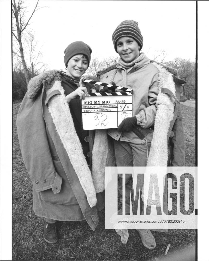 Photo GUBER The shooting of Mio my Mio , movie Soviet Union Sweden Norway Nicholas Pickard, actor Great Britain he plays Bosse Mio in the movie and Christian Bale, actor Great Britain he plays Benke Jum Jum Happy, with clap, movie clap Roll Photos SWEDEN SWEDEN