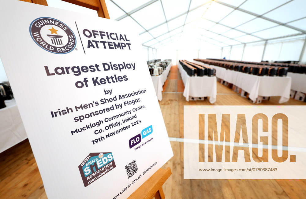 REPRO FREE *PRESS RELEASE NO REPRODUCTION FEE* The Irish Mens Shed Association Achieve Official Guinness World Record for the Largest Display of Kettles 19 11 2024 The Irish Mens Shed Association, sponsored by energy company Flogas, have successfully achieved the official Guinness World Record for the Largest Display of Kettles. Kettles are the most important tool in supporting social connection and mental wellbeing for ˜Shedders. Over one thousand new and old kettles in working order collected from Sheds nationwide and donated by Flogas were on display at the Associations annual conference and shedfest in Mucklagh Community Centre, Tullamore, Co. Offaly on Tuesday 19th November 2024. The official Guinne