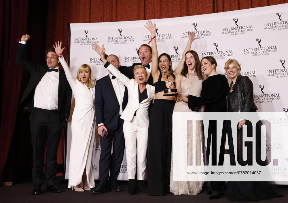 German director Isabel Kleefeld (C), producer Friedrich Oetker (L-C) and castmembers pose with the TV Movie Mini-Series award for Liebes Kind Dear Child in the press room at the 52nd International Emmy Awards at New York Hilton Midtown in New York City on Monday, November 25, 2024. NYP20241125183 JohnxAngelillo