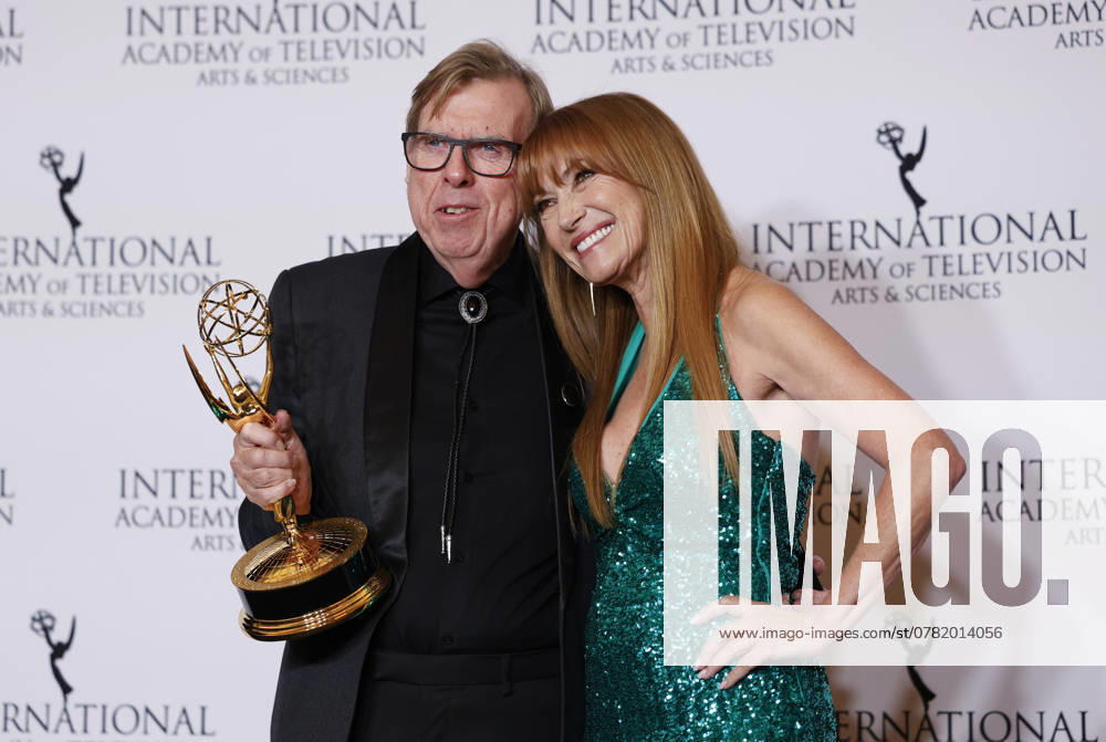 English actor Timothy Spall (L) and Jane Seymour (R) pose with the award for Best Performance by an Actor for The Sixth Commandment in the press room at the 52nd International Emmy Awards at New York Hilton Midtown in New York City on Monday, November 25, 2024. NYP20241125190 JohnxAngelillo