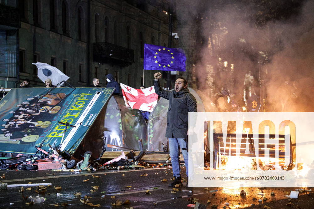 GEORGIA, TBILISI - NOVEMBER 30, 2024: People stage a protest outside the Parliament Building after Prime Minister Irakli Kobakhidze said the country would suspend talks on its bid to join the European Union until 2028. Alexander Patrin TASS 76399047
