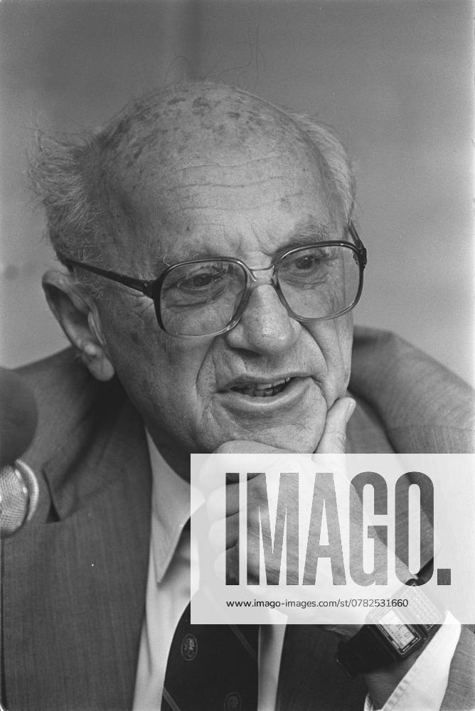 Nobel prize winning economist Professor Milton Friedman meets the press in Hong Kong after a trip to China.