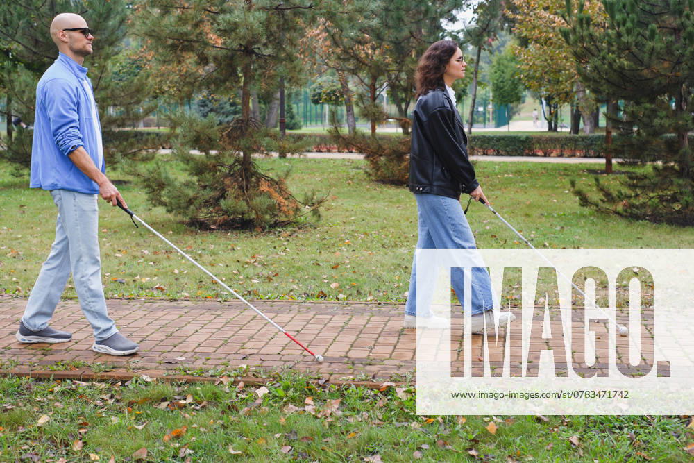 Two blind individuals use canes to navigate a park path surrounded by trees and green grass. They walk confidently, showcasing independence and mobility outdoors. Model Released NinaGili_ID25355_733172_032