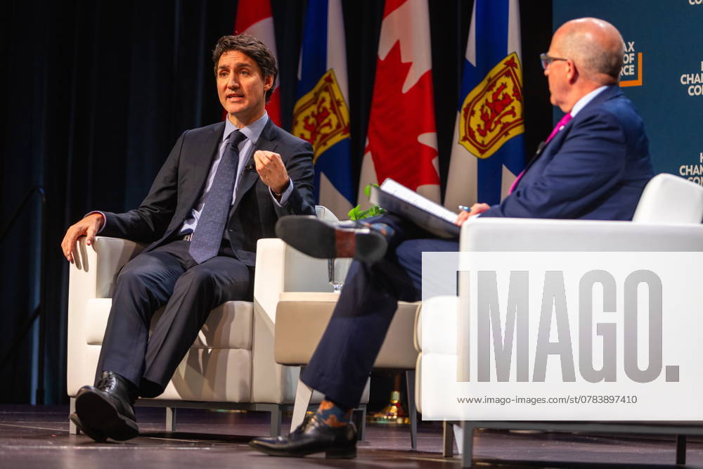 Prime Minister Justin Trudeau, left, attends a fireside chat with the Halifax Chamber of Commerce with Patrick Sullivan in Halifax on Monday December 9, 2024. Halifax Canada - ZUMAc35_ 20210717_zaf_c35_108