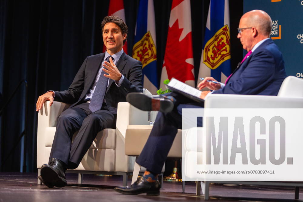 Prime Minister Justin Trudeau, left, attends a fireside chat with the Halifax Chamber of Commerce with Patrick Sullivan in Halifax on Monday December 9, 2024. Halifax Canada - ZUMAc35_ 20210717_zaf_c35_109