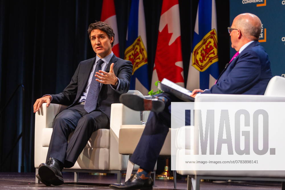 Prime Minister Justin Trudeau, left, attends a fireside chat with the Halifax Chamber of Commerce with Patrick Sullivan in Halifax on Monday December 9, 2024. Halifax Canada - ZUMAc35_ 20210717_zaf_c35_110