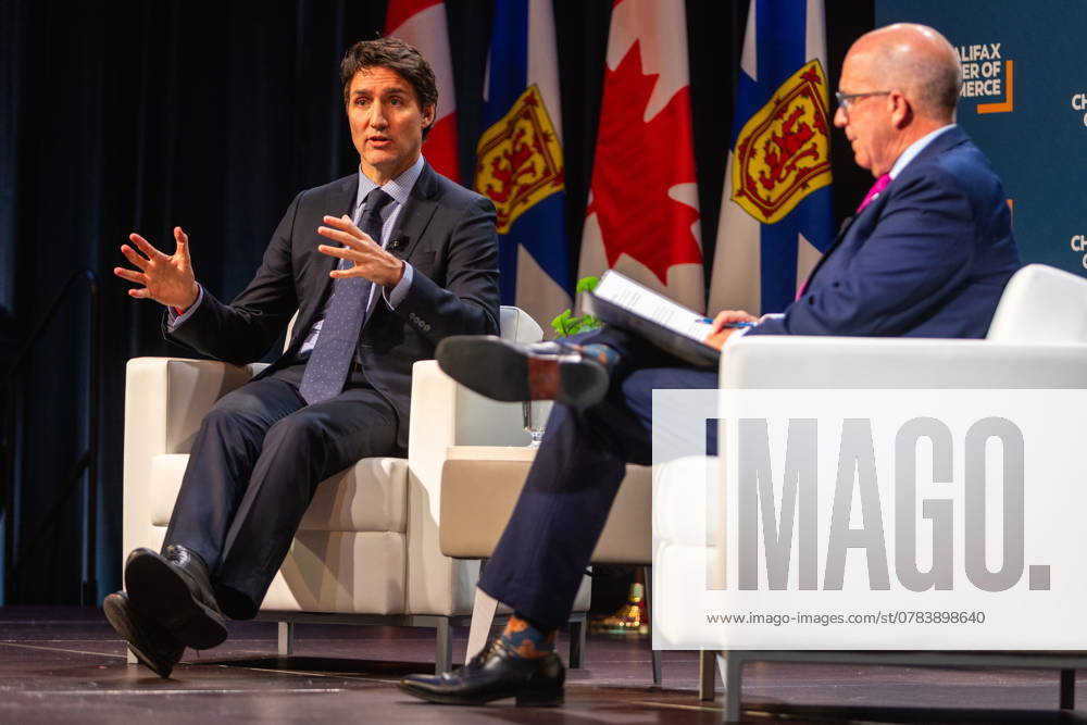 Prime Minister Justin Trudeau, left, attends a fireside chat with the Halifax Chamber of Commerce with Patrick Sullivan in Halifax on Monday December 9, 2024. Halifax Canada - ZUMAc35_ 20210717_zaf_c35_112