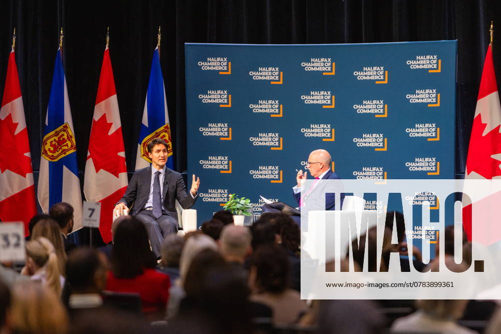 Prime Minister Justin Trudeau, left, attends a fireside chat with the Halifax Chamber of Commerce with Patrick Sullivan in Halifax on Monday December 9, 2024. Halifax Canada - ZUMAc35_ 20210717_zaf_c35_113