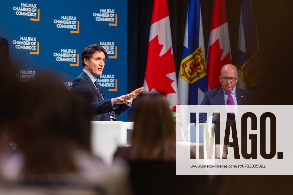 Prime Minister Justin Trudeau, left, attends a fireside chat with the Halifax Chamber of Commerce with Patrick Sullivan in Halifax on Monday December 9, 2024. Halifax Canada - ZUMAc35_ 20210717_zaf_c35_114