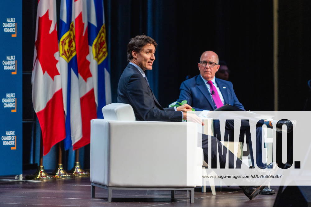 Prime Minister Justin Trudeau, left, attends a fireside chat with the Halifax Chamber of Commerce with Patrick Sullivan in Halifax on Monday December 9, 2024. Halifax Canada - ZUMAc35_ 20210717_zaf_c35_115