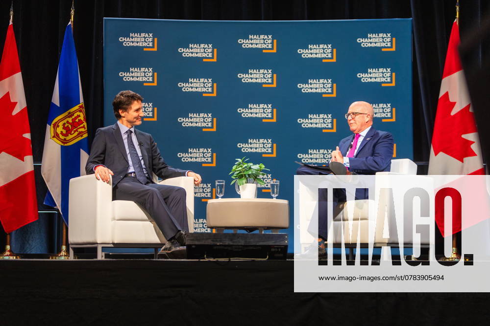 Prime Minister Justin Trudeau, left, attends a fireside chat with the Halifax Chamber of Commerce with Patrick Sullivan in Halifax on Monday December 9, 2024. Halifax Canada - ZUMAc35_ 20210717_zaf_c35_106