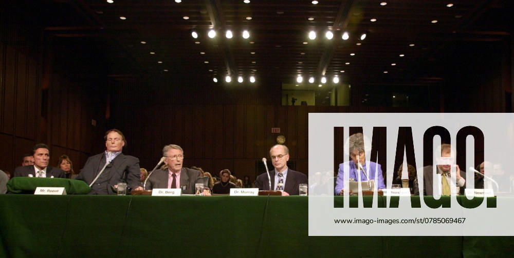Christopher Reeve 8reeve030502 -- Dr. Paul Berg (third from left), from the Stanford University Medical School, testifies before the full committee hearing on Tuesday which examined the dangers of cloning and the promise of regenerative medicine, in the Hart Building. Washington D.C. USA