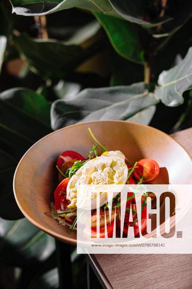 Burrata-Salat mit Tomaten und Rucola, beträufelt mit Olivenöl Burrata cheese salad with fresh tomatoes and arugula drizzled with olive oil