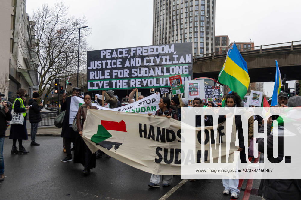 Sudan Rally commemorating the 2018 Sudanese Revolution Activists of Sudanese heritage and supporters walked from Church Street Market to Marble Arch. Demonstrators were commemorating the 2018 revolution which outsided then dictator Omar al-Bashir., Credit:Zak Irfan Avalon