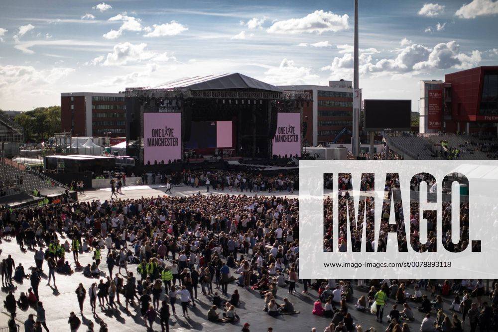 Manchester, Greater Manchester, UK - Manchester , UK . The crowd gathers in front of the stage . The One Love Manchester benefit concert for victims of the Manchester Arena terrorist attack , at the Emirates Old Trafford Cricket Stadium . Ariana Grande, Justin Bieber, Coldplay, Katy Perry, Miley Cyrus, Pharrell Williams, Usher, Take That, Robbie Williams, Black Eyed Peas and Niall Horan are amongst the performers Manchester UK - ZUMAl94_ 20170604_zaf_l94_184