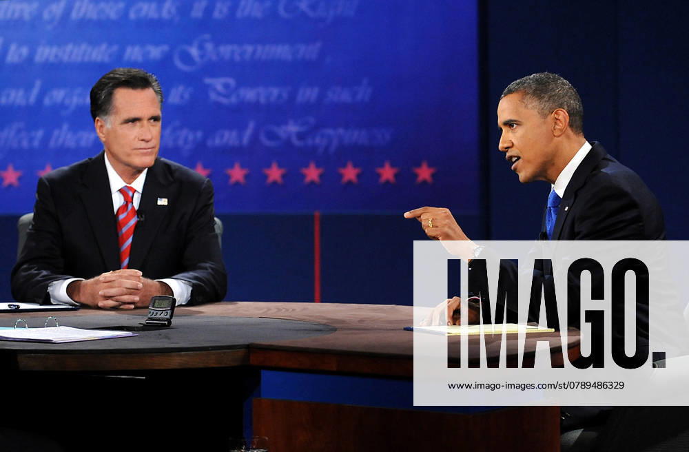 Presidential debate President Barack Obama, right, speaks during a debate with Republican presidential candidate Mitt Romney, left, at Lynn University in Boca Raton, Florida on Monday, October 22, 2012. Bob Schieffer is the moderator. (Robert Duyos Sun Sentinel MCT) Boca Raton FL USA