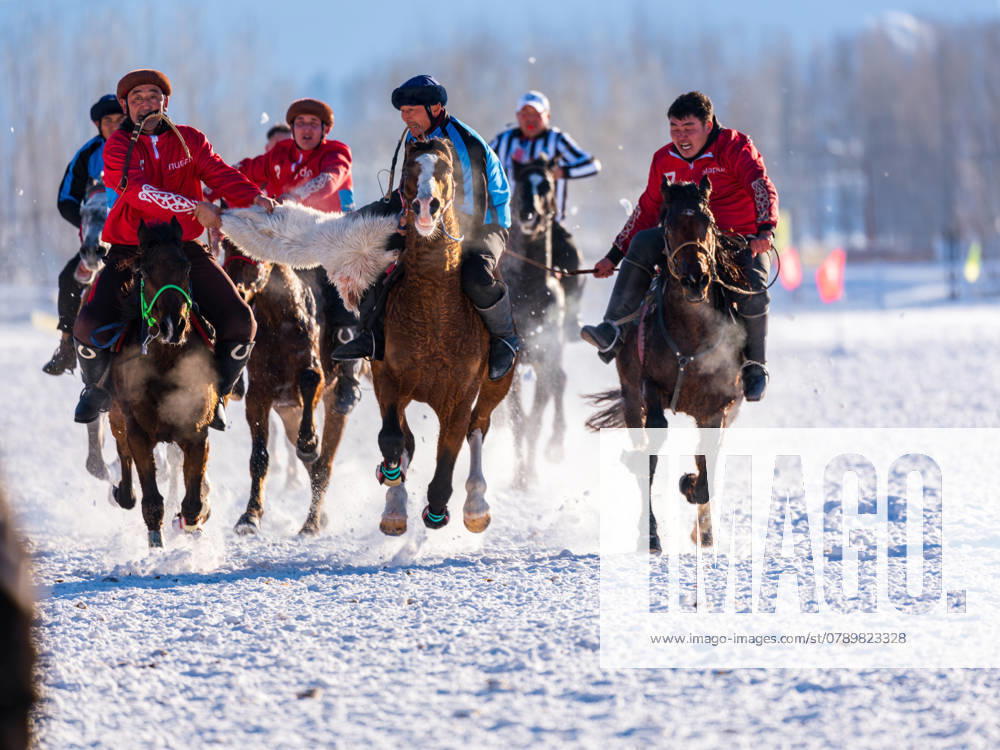 Horsemen compete in a goat-grabbing game on December 29, 2024 in Ili Kazakh Autonomous Prefecture, Xinjiang Uygur Autonomous Region of China. Goat-grabbing game is a traditional folk sport widely welcomed in Xinjiang. The game tests horse riders equestrian skills and teamwork.