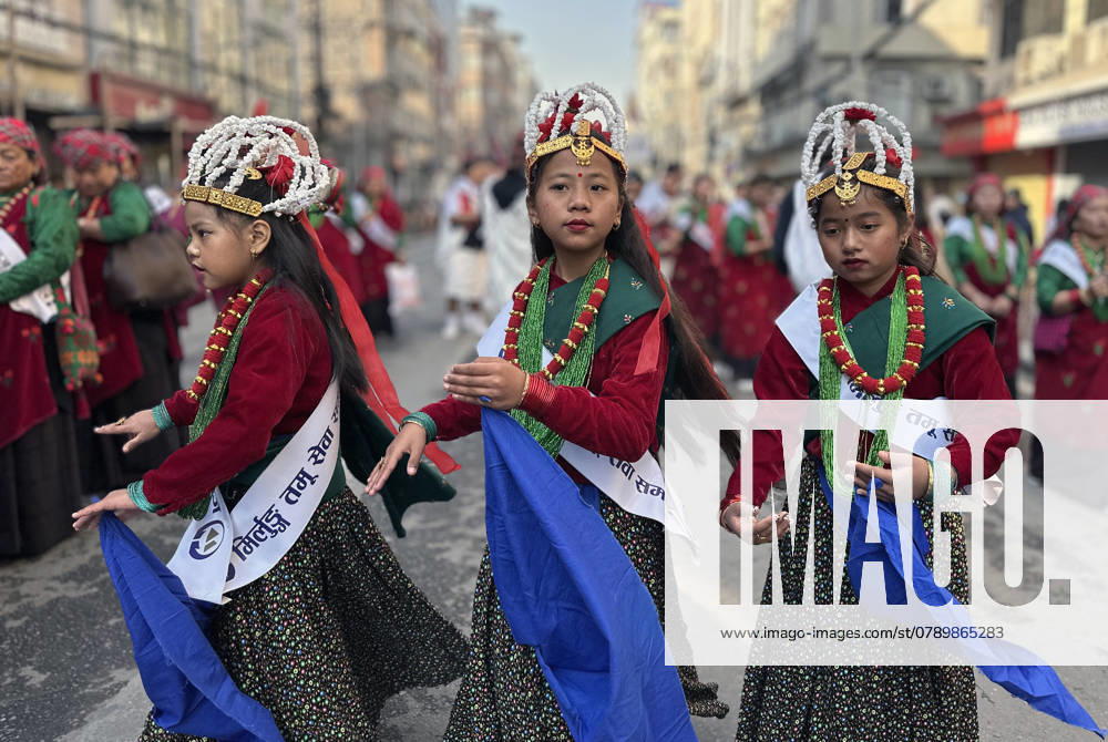 Small girls from ethnic Gurung community dance as they celebrate the Tamu Lhosar festival, welcoming New Year of snake in Kathmandu, Nepal on December 30, 2024. - ZUMAs233 20241230_zap_s233_005