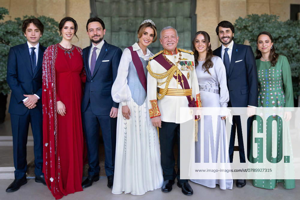 Jordan King Abdullah II looks at Queen Rania Al Abdullah and Crown Prince Hussein (or Al Hussain) and Princess Rajwa and Prince Hasjem (Prince Hashem) and Princess Iman and Princess Salma with the New Years wish: As we usher in the New Year, we pray for peaceful, more compassionate days ahead.