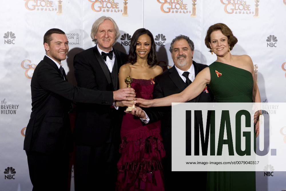 After winning the category BEST MOTION PICTURE, DRAMA for Avatar, actor Sam Worthington, director James Cameron, actress Zoe Saldana, producer Jon Landau, and actress Sigourney Weaver pose backstage in the press room with his Golden Globe Award at the 67th Annual Golden Globe Awards at the Beverly Hilton in Beverly Hills, CA Sunday