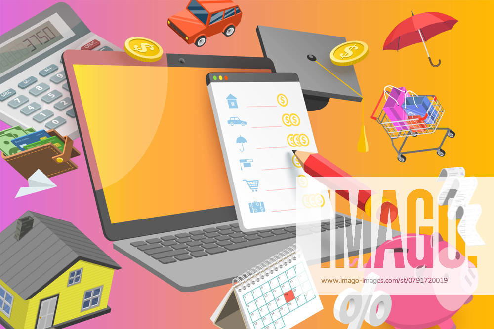 3D Isometrische flache konzeptionelle Illustration von Budget-Management-Software, Finanzplanung<br>3D Isometrische flache konzeptionelle Illustration von Budget Management Software, Finanzplanung 3D Isometric Flat Conceptual Illustration of Budget Management Software, Financial Planning 3D Isometric Flat Conceptual Illustration of Budget Management Software, Financial Planning