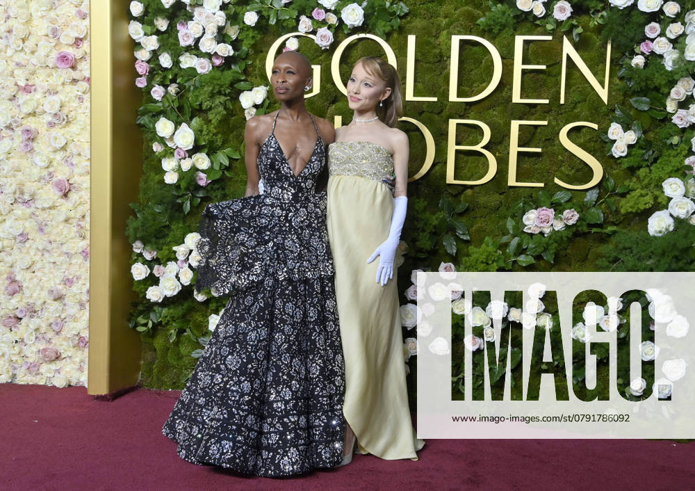 (L-R) Cynthia Erivo and Ariana Grande arrive for the 82nd annual Golden Globe Awards ceremony for excellence in film and American television productions of 2024 at the Beverly Hilton Hotel in Beverly Hills, California on Sunday, January 5, 2025. LAP20250105398 JIMxRUYMEN
