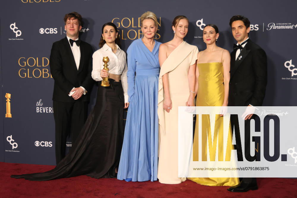 81st Annual Golden Globe Awards - Press Room (L-R) Adam Bricker, Jen Statsky, Jean Smart, Hannah Einbinder, Lucia Aniello and Paul W. Downs, winners of the Best Television Series - Musical or Comedy Award for Hacks,? pose in the press room during the 82nd Annual Golden Globe Awards at The Beverly Hilton on January 05, 2025 in Beverly Hills, California. Beverly Hills The Beverly Hilton CA USA