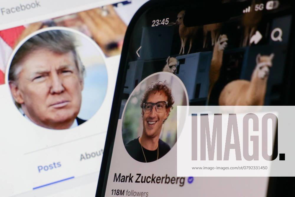 Donald Trump And Meta Photo Illustrations Donald Trump Facebook account displayed on a laptop screen and Mark Zuckerberg account on Facebook displayed on a phone screen are seen in this illustration photo taken in Krakow, Poland on January 7, 2025. Krakow Poland