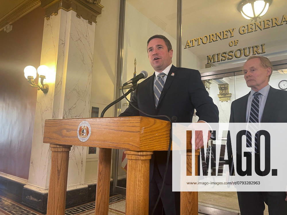 US-NEWS-MO-BAILEY-FREESPEECH-KC Missouri Attorney General Andrew Bailey speaks to reporters during a press conference on May 3, 2023. He was joined by Bill Corrigan, right, the states deputy attorney general. (Kacen Bayless The Kansas City Star TNS)