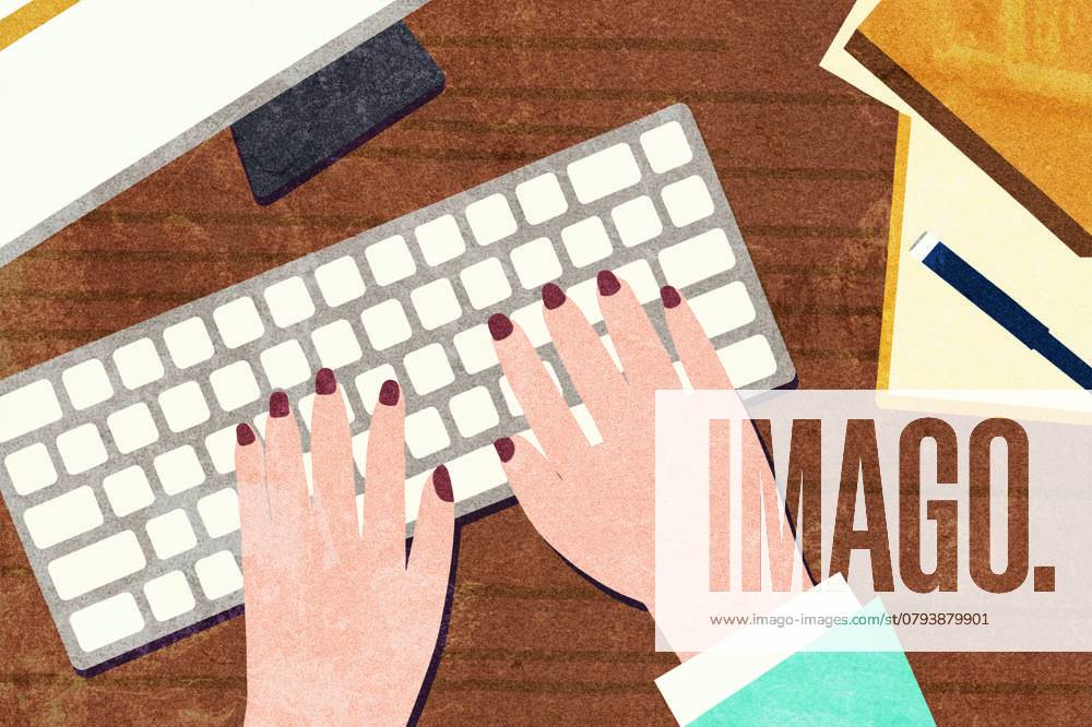 PR_ID25931_10317_IlustraBusiness.jpg A creative illustration of hands with painted nails typing on a white keyboard, set on a wooden desk with office accessories Perfect for business, productivity, or remote work themes, Property released Model Released AdalbertoRodriguez_ID25931_748601_002