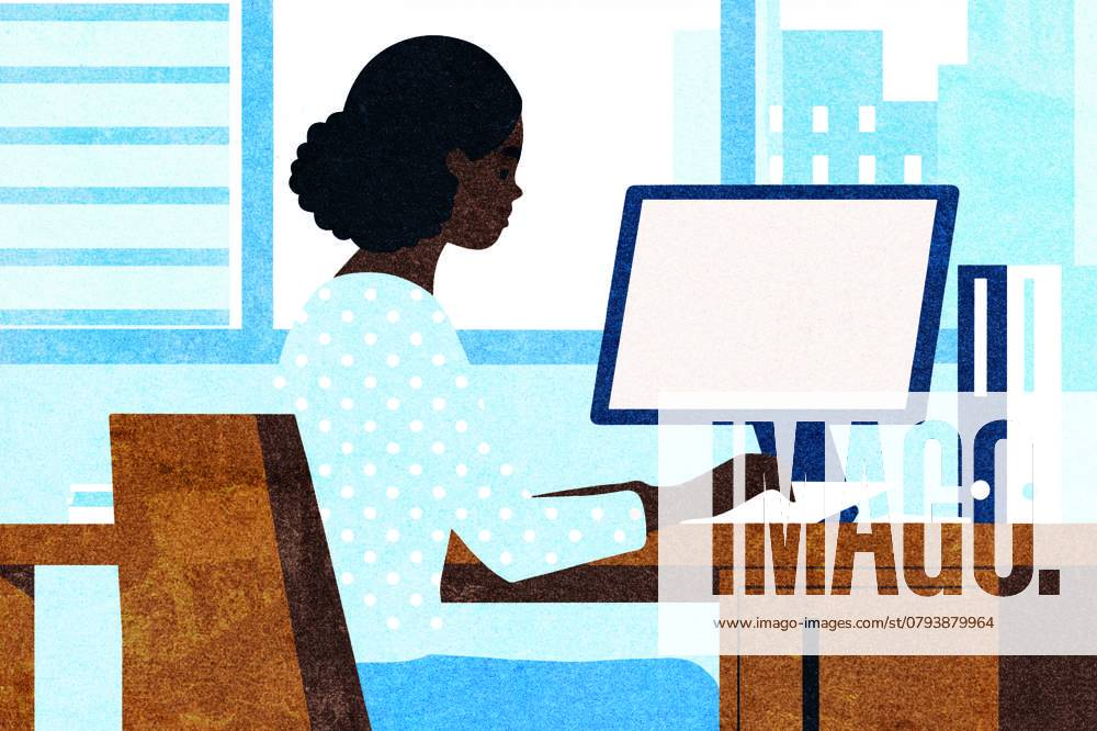 PR_ID25931_10317_IlustraBusiness.jpg A businesswoman sits at a wooden desk in a contemporary office, focused on her work at a computer Natural light illuminates the space filled with urban elements, Property released Model Released AdalbertoRodriguez_ID25931_748606_007