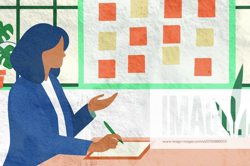 PR_ID25931_10317_IlustraBusiness.jpg A businesswoman is seated at a table, writing notes while gesturing towards a wall covered with sticky notes The setting is bright and features plants, creating a lively atmosphere, Property released Model Released AdalbertoRodriguez_ID25931_748610_011