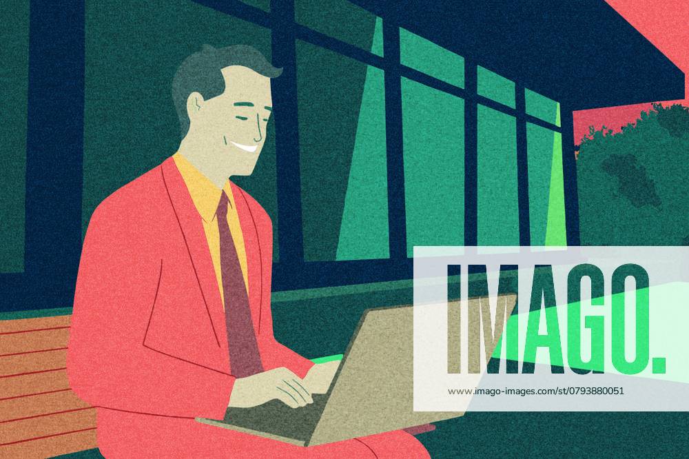 PR_ID25931_10317_IlustraBusiness.jpg A business professional in a bright suit works on a laptop outside a contemporary building The atmosphere is relaxed, showcasing focus and productivity in a serene environment, Property released Model Released AdalbertoRodriguez_ID25931_748613_014