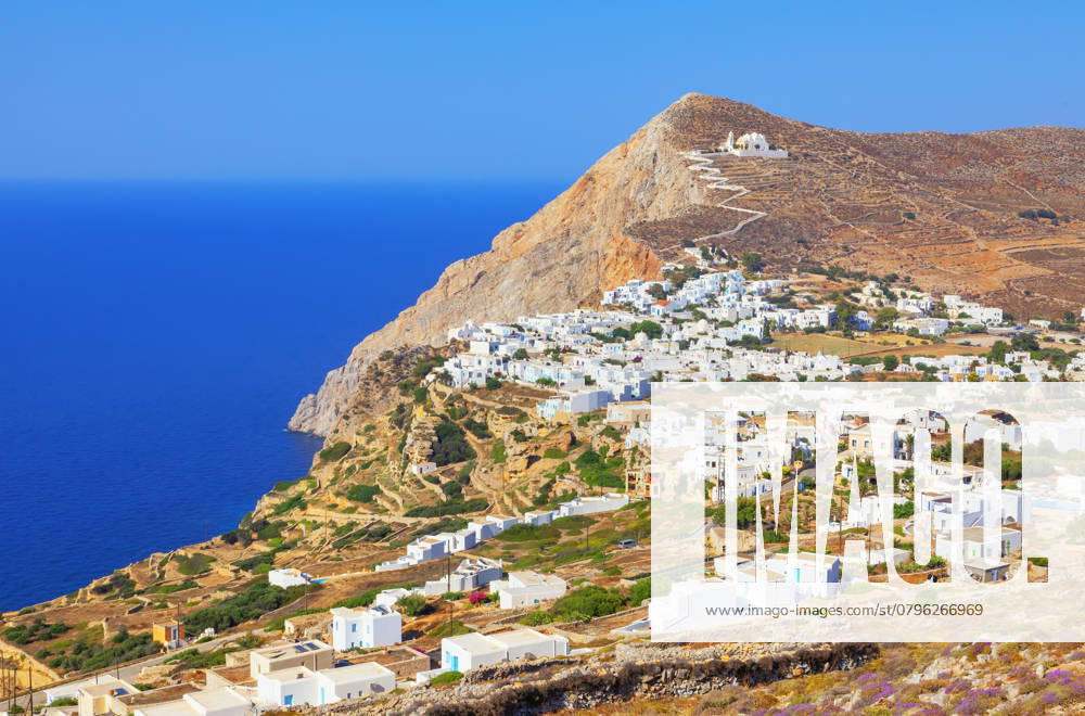 View of Chora village built on a cliff above the sea, Chora, Folegandros Island, Cyclades Islands, Greek Islands, Greece, Europe