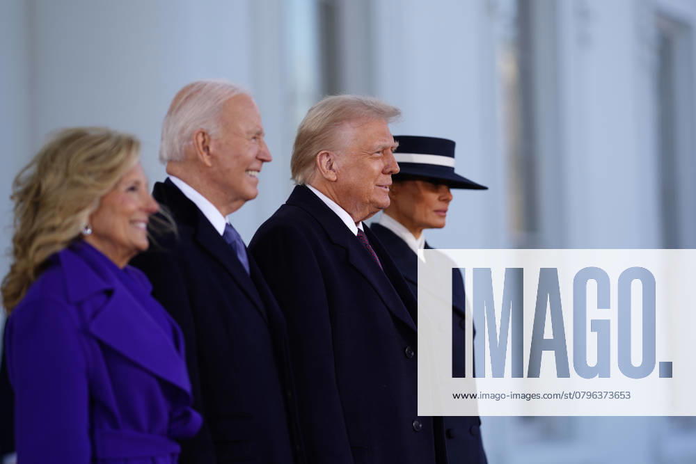 President Joe Biden (2L) and First Lady Dr. Jill Biden (L) greet President Elect Donald Trump (2R) and Melania Trump (R) at the White House during inauguration ceremonies for US President Donald Trump in Washington, DC, USA, 20 January 2025. Trump, who defeated Vice President Kamala Harris in the 2024 general election, is being sworn in today as the 47th president of the United States, though the planned outdoor ceremonies and events have been cancelled due to a forecast of extreme cold temperatures.