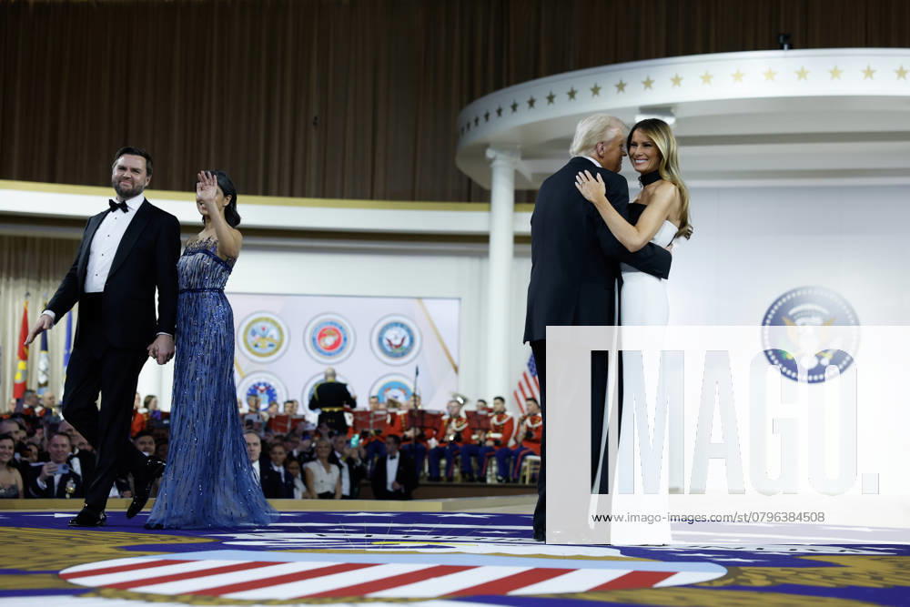 President Donald Trump dances with wife Melania and Vice President JD Vance and 2nd Lady Usha Vance dance at the Commander-in-Chief Ball l on Monday, January 20, 2025 in Washington, DC. Pool WAX2025012019923431 AnnaxMoneymaker